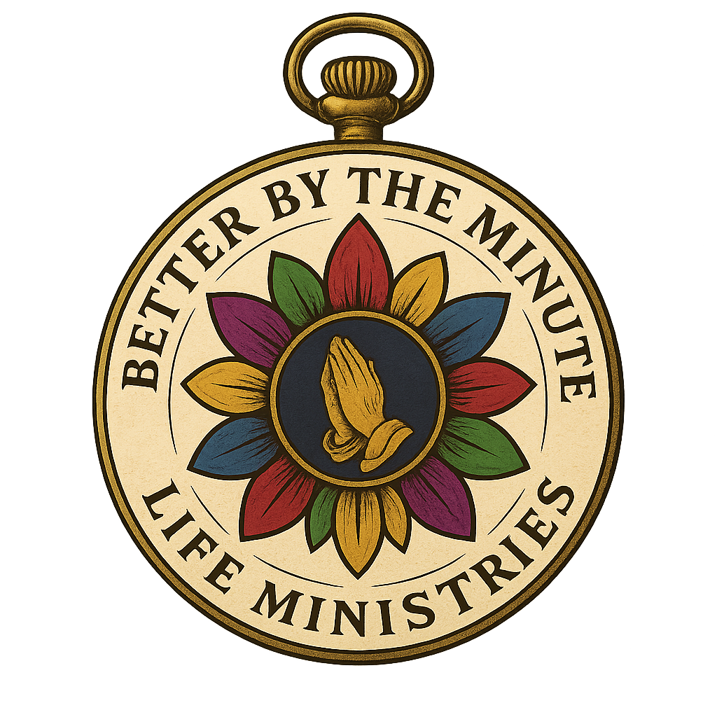Better by the Minute Life Ministries - Praying hands surrounded by colorful flower petals